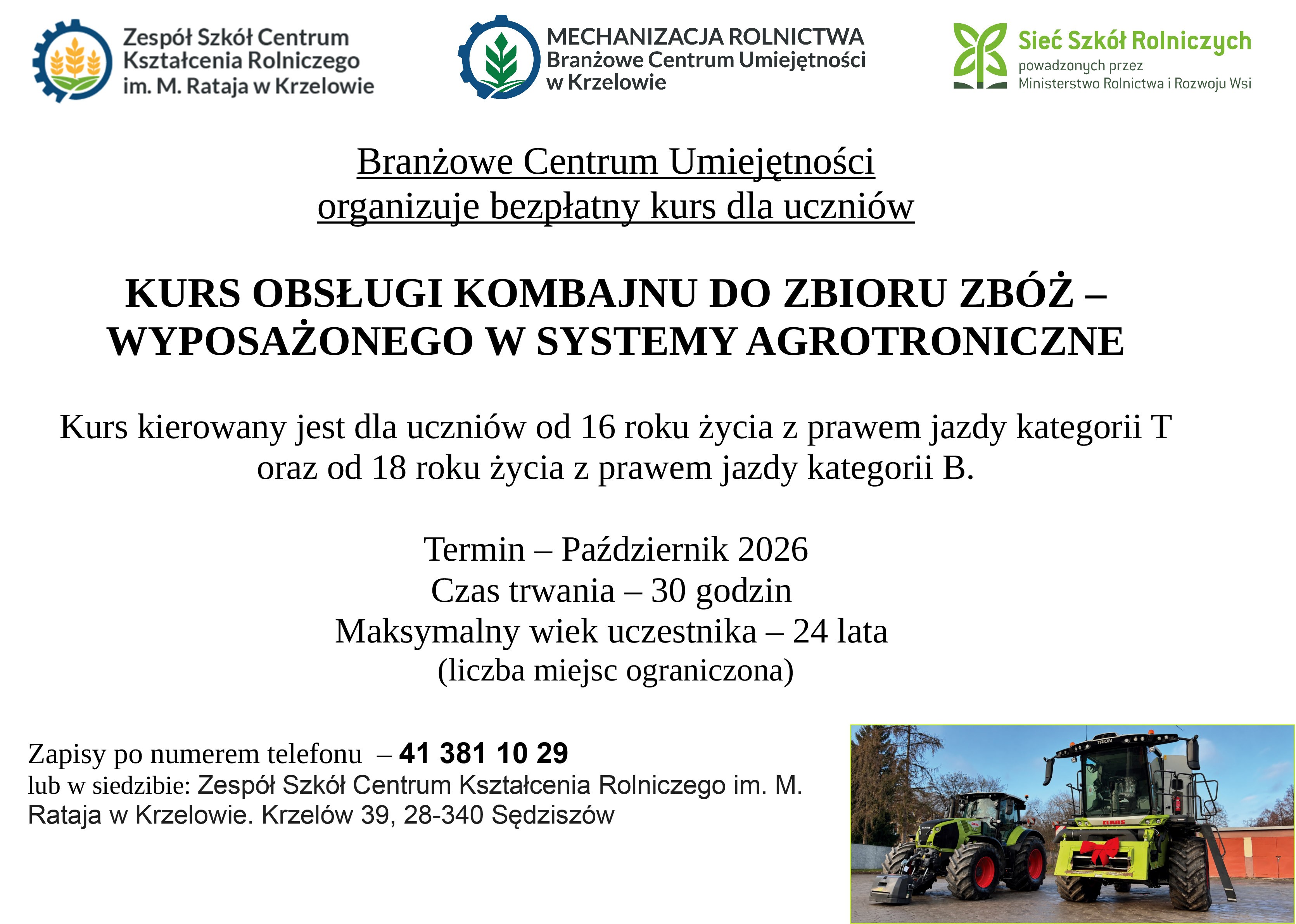 Bezpłatny kurs obsługi kombajnu zbożowego dla uczniów!